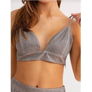 Le Lis Shine Glitter Bralette Silver Crop Top S NWT Festival Grunge Goth Sparkle